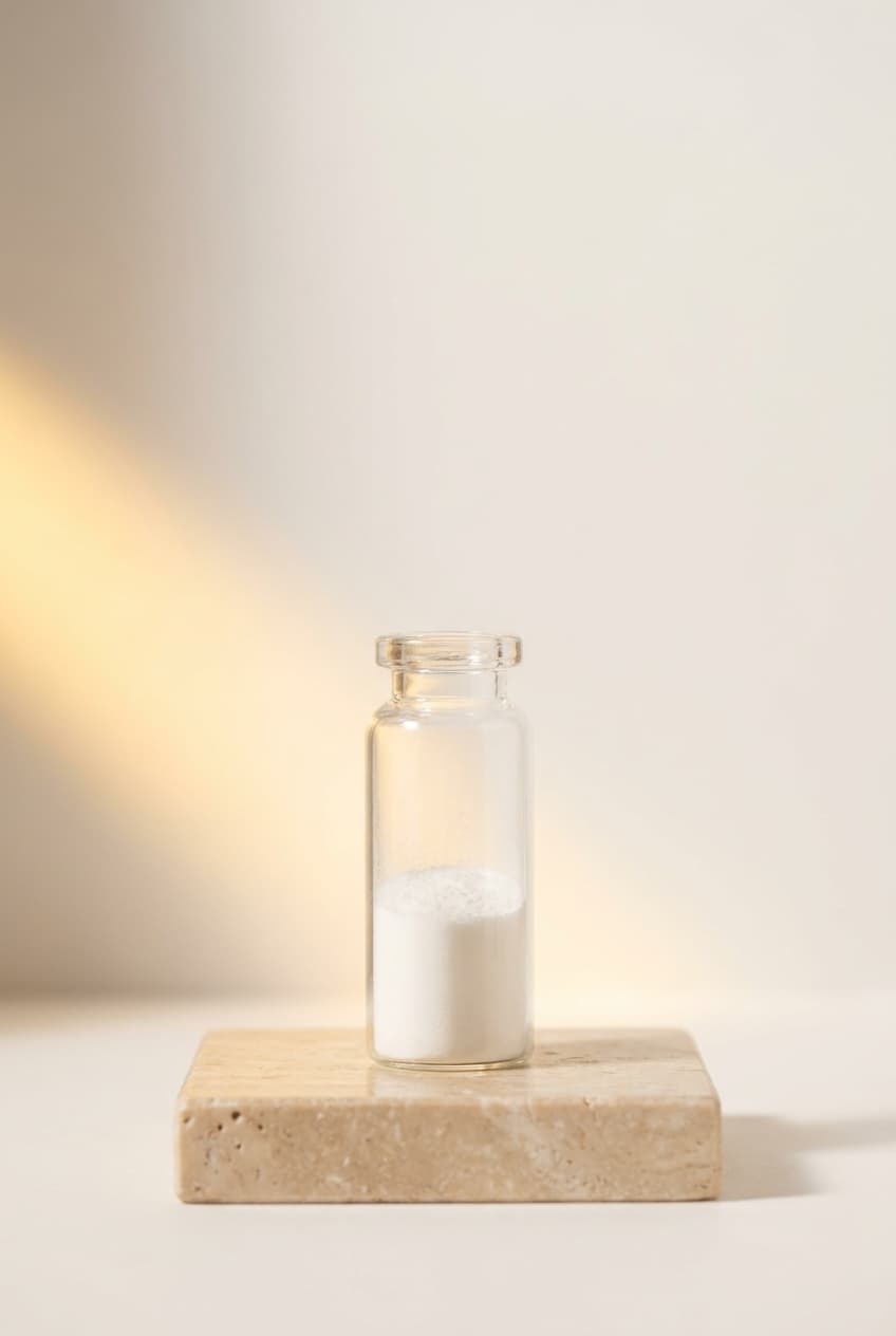 A single glass research vial on a stone pedestal lit by warm gold light